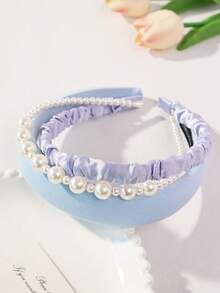 3 件套女孩休闲简约清新海绵珍珠头带套装，适合学校和日常装扮 - 淺藍色 - 查看 2