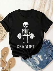 Camiseta de manga corta para damas con estampado de patrones, top de cuello redondo suelto y casual, se puede lavar aáquina para comodidad durante las cuatro estaciones. - Negro - Ver 1