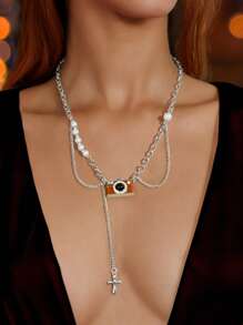 1 Pc Stylish Silvery Chain Camera Cross Charm Collar Necklace For Women School Party Daily Prom Jewelry Accessories
