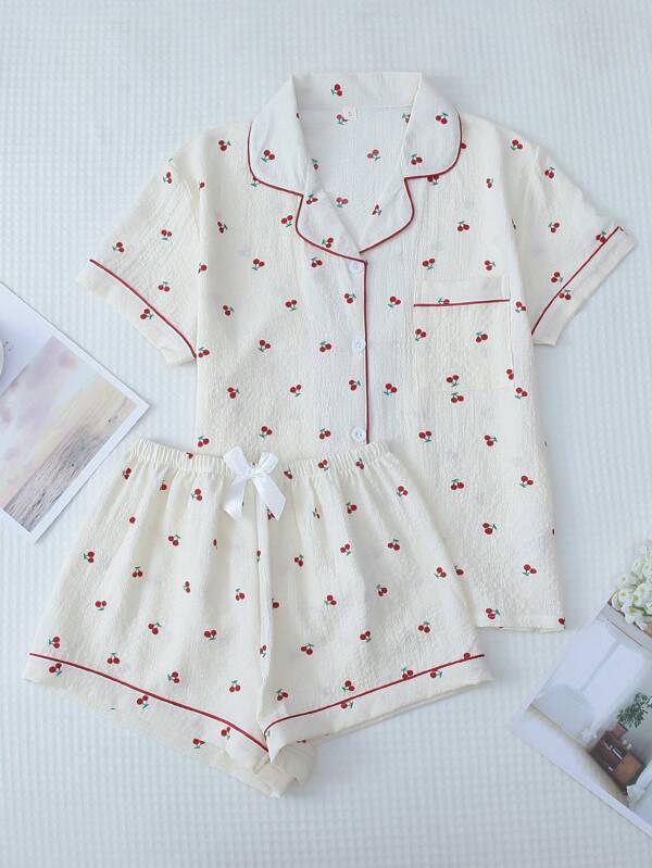 Cherry Print Pajama Set For Women, Sweet & Cute Lapel Button Up Top And Bow Short Shorts, Sleepwear & Loungewear