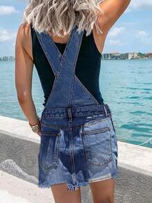 女式口袋夏季休闲洗水做旧牛仔背带连衣裙 - 中等水洗藍 - 查看 3