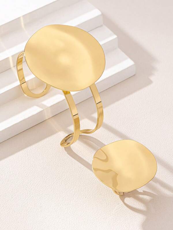 1 Set European & American Punk Exaggerated Wavy Textured & Smooth Geometric Round Bangle And Ring Jewelry Set, Street Fashion, Runway, Sexy Metal Texture, Adjustable Size, Suitable For Daily Wear, Halloween Jewelry, Nightclub Jewelry