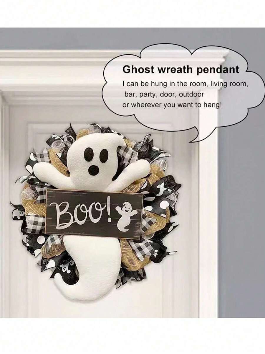 1pc Halloween Ghost Flower Wreath Cute Boo Sound Ghost Flower Wreath Festival Door And Window Scene Decoration Prop Home Decor Halloween Decor Room Decor