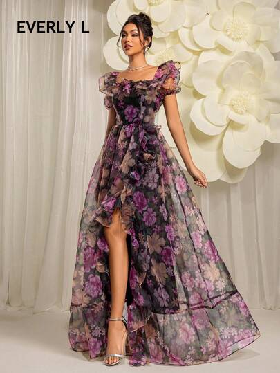 Everly L Square Neck Ruffle Trim Split Thigh Organza Formal Dress Elegant Prom Evening Wedding Guest Gown, For Graduation, Dinner