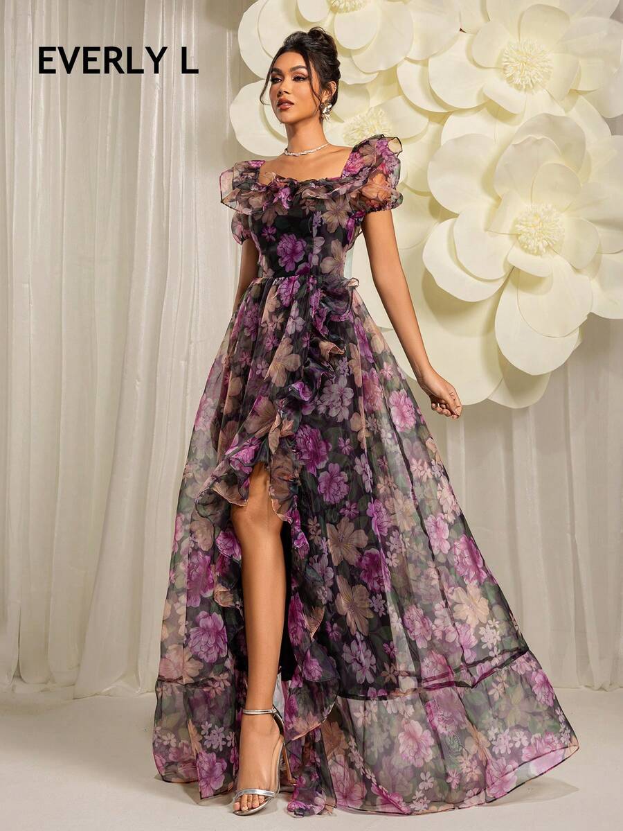 Everly L 方领荷叶边开衩大腿欧根纱正式礼服，优雅舞会晚宴婚礼宾客礼服，适合毕业典礼、晚宴、春假派对等场合 - 彩色 - 查看 1