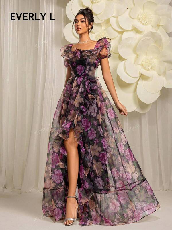 Rochie elegantă de seară, de seară, din organza, Everly, cu decolteu pătrat și volane, despicată pe coapsă, pentru invitați de nuntă, pentru absolvire, cină