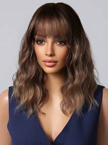 Brown Ombre Short Bob Small To Medium Curls With Bangs 14-Inch Heat-Resistant Synthetic Hair For Party,Daily,Music Festival,Gatherings And Ceremonies - Brown Ombre - View 4
