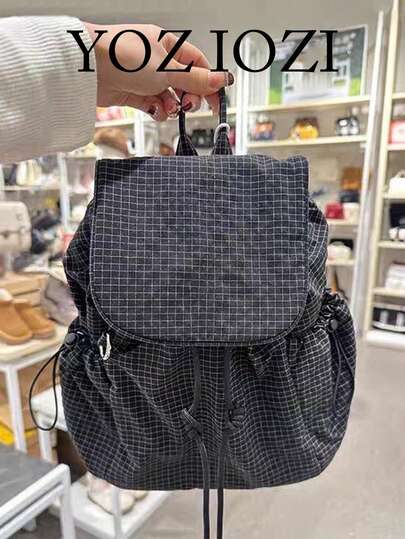时尚轻便校园背包，复古韩版设计，休闲大容量背包，适合学生、学校、大学、通勤，格子图案