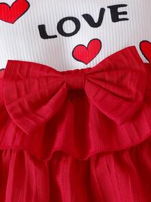 Bộ 3 áo thun tay lỡ in hình trái tim và chữ tình yêu cho bé gái và váy thun co giãn nhiều lớp trang trí nơ - Đỏ - Xem 8