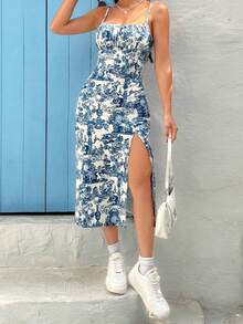 Vestidos casuales para mujer con estampado completo, corte midi, abertura lateral y tirantes finos – estilo moderno y fresco tipo camisola para verano - Azul y blanco - Ver 4