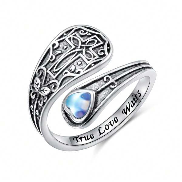 1pc Elegant Cross Shape Adjustable Ring With "True Love Waits" Engraved And Heart-Shaped Moonstone, 925 Sterling Silver Statement Ring, Gift For Wife/Daughter