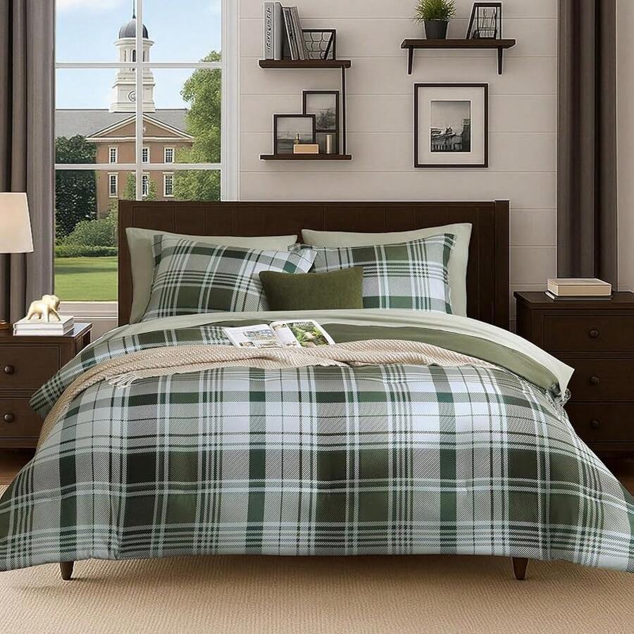 King Comforter Set, Classic Red Black Plaid-Piece Bedding Set, Farmhouse Lightweight All-Season Bed In A Bag With Sheets, Pillowcases & Shams, Home Decor - 橄欖綠 - 查看 1