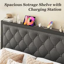 Gunji Bed Frame With 2 Storage Drawers, Tufted Upholstered Headboard With Charging Post, No Springs, No Noise, All-Metal Construction,Grey - 灰色 - 查看 9