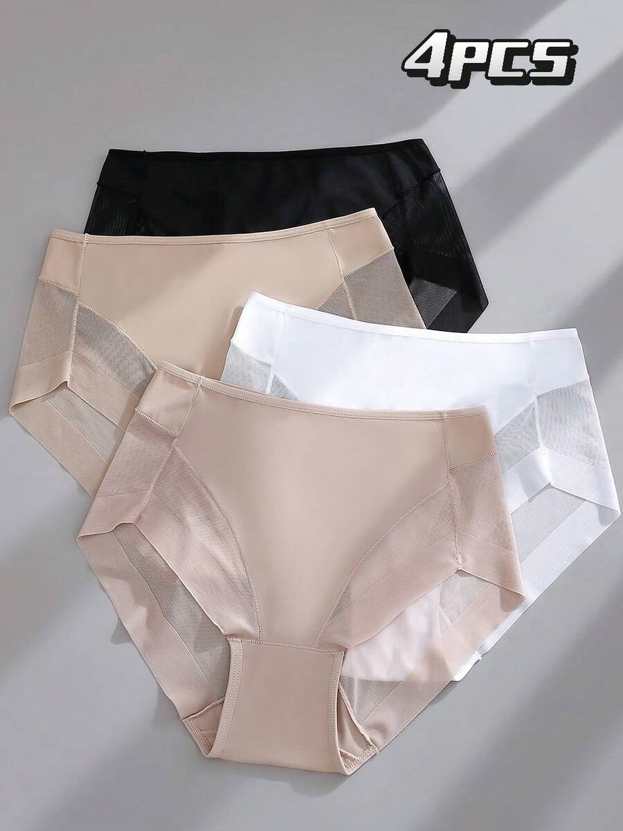 4件套女士新款塑身抗菌内裤柔软亲肤氨纶网眼拼接透气中腰三角裤 - 彩色 - 查看 1