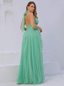 Long Party Dress For Wedding, Bridesmaid, Graduation In Plain Tulle With Cascade Skirt - Mint Green - View 3