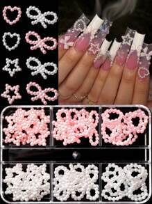 Caja de 44 piezas de decoración de arte de uñas con corazones de perlas blancas y rosas, estrellas de cinco puntas de perlas y lazos de perlas. Juego de accesorios de encanto tridimensional de lazo, estrella de cinco puntas y corazón para decoración de uñas de damas en fiestas, bailes y citas. Caja de regalo de accesorios de decoración de arte hecho a mano, adecuado para decoración de uñas y accesorios de maquillaje.