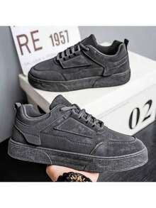 （尺码偏小一码）2025新款男士纯色灰色系带运动滑板鞋，简约圆头厚底增高运动鞋，尺码39-48 - 灰色 - 查看 1