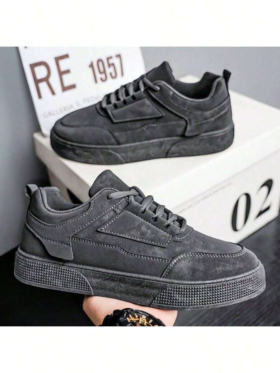 (尺码偏小一码)2025新款男士纯色灰色系带运动滑板鞋,简约圆头厚底增高运动鞋,尺码39-48 - 灰色 - 查看 1