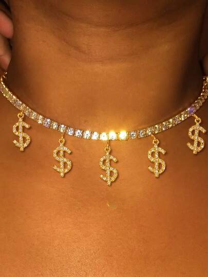 1 stuk zilverkleurige bling dollarteken hanger ketting, modieuze luxe hiphop strass sieraden