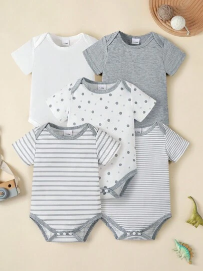 BrownBark 5pcs Baby Boys Newborn Casual Cute Infant Short Sleeve Bodysuits, Soft & Comfortable Baby Suitable For Indoor Casual Wear And Outdoor, Newborn Gift