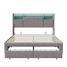 HOKZYHOUSE Cama tapizada 160x200 cm con cinturón ligero y 2 cajones, cama doble, cama juvenil, estructura de cama funcional, cabecero abatible, lino, sin colchón, gris - Gris - Ver 10