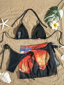 3pcs/Set Women Ombre Tropical Floral Print Bikini Set, Including Adjustable Bikini Top, Tie Side Bottom Shorts, And Cover Up Skirt With Anti-Exposure Design, Suitable For Beach And Party - Black and Red - View 2