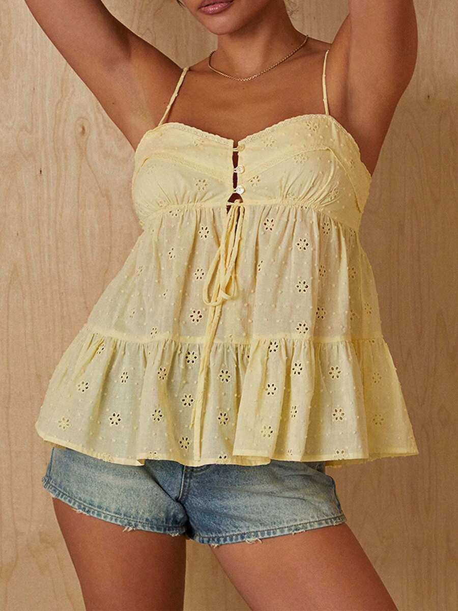 Women's Spaghetti Strap Sleeveless Babydoll Top Backless Ruffled Hem Casual Vest For Daily Wear - 黃色 - 查看 1