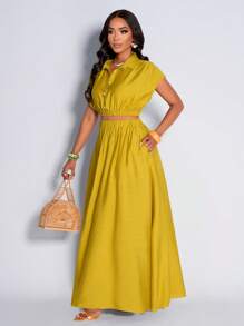 Amarilo Turmeric Sleeveless Gathered Top With Elegant Skirt, Casual And Elegant Style, Suitable For Small Gatherings, Commuting, Daily Life; Elegant And Ladylike Style, The Latest Spring And Summer Women's Daily Simple Style Suit