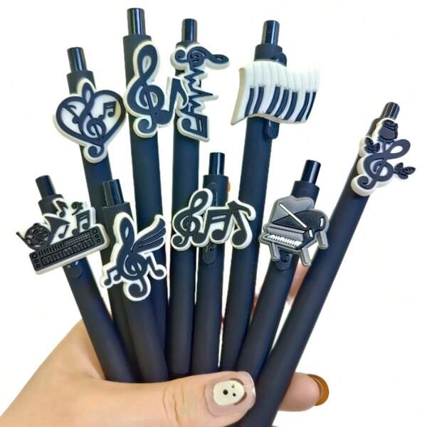 10/20pcs Quick-Drying Neutral Pens, Gel Pens, Ballpoint Pens, Cute Vegetable & Flower Press-Type Pens, Suitable For Students And Girls, Back To School Gift Filler. Music Note Series Retractable Ballpoint Pens, Medium Tip, Plastic Black Barrel, With Random Music Theme PVC Soft Rubber Stickers