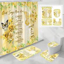 4 Pcs Yellow Inspirational Quotes Shower Curtain Set With Rugs And Toilet Lid Cover, Colorful Boho Waterproof Fabric Bathroom Set, Bible Verse Floral Bathroom Decor Set Accessories - Blue - View 10