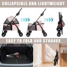 Large Space Pet Dog Cat Cart Cat Cart With Foldable Dog Cat Cage Jogging Trolley With Storage Basket And Cup Holder, 4 Wheels For Medium/Small Dogs And Cats, With Cup Holder (Pink/Gray/Black)