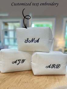 Customized Waffle Pattern Cosmetic Bag - Personalized Embroidered Name, Lightweight Zippered Travel Toiletry Organizer, Ideal Gift For Women, Bridesmaids