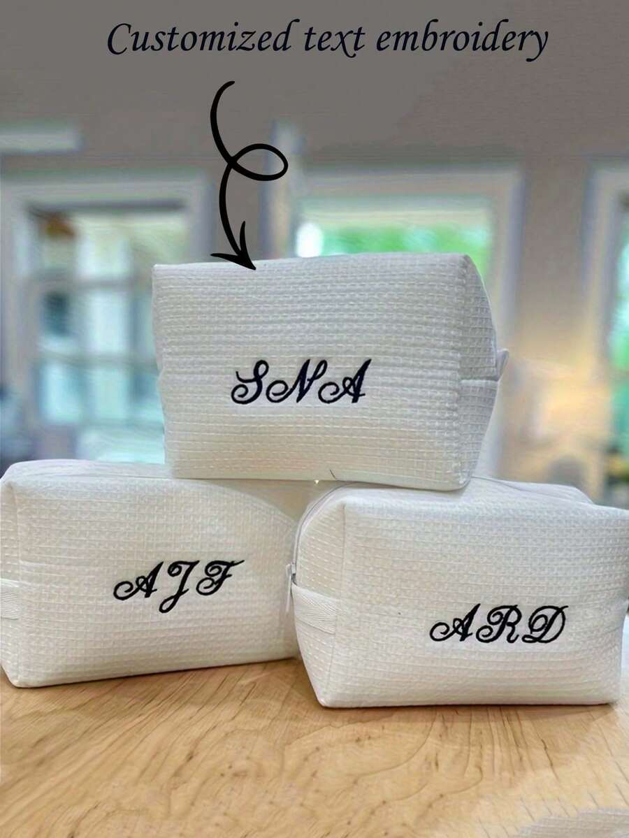 Customized Waffle Pattern Cosmetic Bag - Personalized Embroidered Name, Lightweight Zippered Travel Toiletry Organizer, Ideal Gift For Women, Bridesmaids