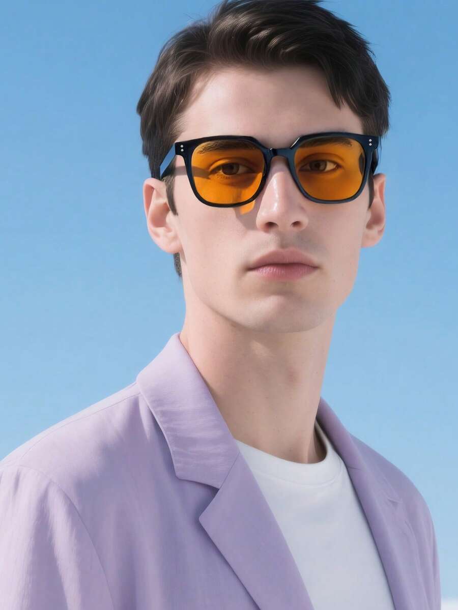 女士复古方形塑料时尚太阳镜，经典款装饰户外旅行沙滩度假休闲日常佩戴夏季防晒遮阳驾驶墨镜防紫外线男士 - 橘色 - 查看 1