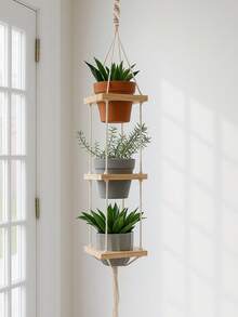 1 pieza Cesta colgante de plantas tejida a mano, soporte de maceta suspendido para interior/exterior, estilo bohemio con cuerda y estantería de maceta de madera de varios niveles, adecuado para el hogar, jardín, balcón, decoración de habitaciones, regalo de Navidad - Multicolor - Ver 3