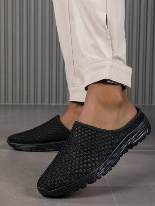 Plus Size Men's Slip-On Sandals, Summer Backless Slides New Sports Hollow Out Beach Shoes, Black Mesh Casual Shoes Black Casual Slip-On Sandals