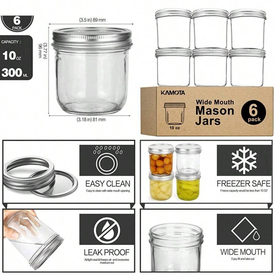 KAMOTA Wide Mouth Mason Jars 10 Oz 10oz Mason Jars Canning Jars Jelly Jars With Wide Mouth Lids And Bands Ideal For Jam Honey Wedding Favors Shower Favors Baby Foods 6 PACK - Clear - View 1