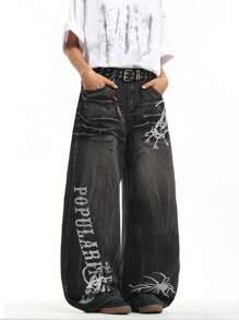 1 Stück Retro Mode Hiphop Muster Lässige Herren Loose Wide Leg Jeans, verwaschen vielseitige Jeans Hose (ohne Gürtel & Zubehör), Emo Stil