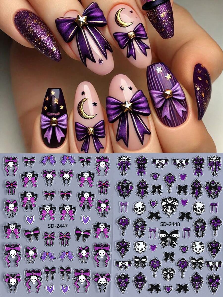 Pegatinas para uñas de Calavera de Moño 5D, 2 piezas, diseño de Corazón de Moño y Calavera, en colores púrpura, negro y blanco, decoración de uñas autoadhesiva, estilo Y2K japonés y coreano, para otoño e invierno, suministros de arte de uñas