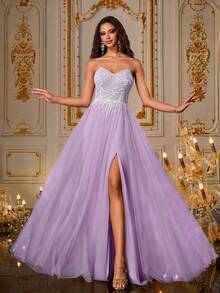 VIPGIRL 女士亮片网眼性感开衩细肩带连衣裙，优雅晚礼服 - 淡紫色 - 查看 5