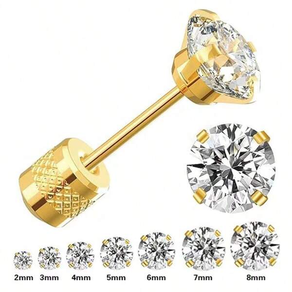 1 Stück 18 Karat vergoldete, handgemachte Ohrstecker mit Schraubverschluss und Kubikzirkonia für Herren und Damen, hypoallergene Ohrknorpel-Ohrringe aus Chirurgenstahl, vergoldet mit klaren Kubikzirkonia in 2/3/4/5/6mm Größe, Valentinstag und Fasching Ohrringe