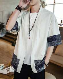 Men's Japanese Kimono Cardigan Loose Cotton Linen 3/4 Sleeve Open Front Casual Summer Shirt Jackets - 06- Red - View 11