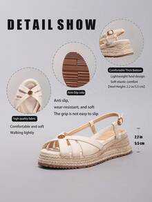 Hemp Rope Wedge Platform Flat Sandals With Buckle Accent, Summer Holiday Casual Backstrap Thick Bottom Slide Sandals, Daily Fashion Women Shoes - Beige - View 3