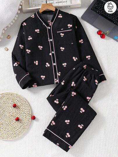 2 件时尚休闲女孩彩色边框粉色樱桃印花长袖上衣、裤子和睡衣套装，面料舒适，非常适合春秋冬家居穿着