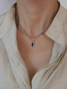 1pc Vintage French Style Titanium Steel Chain Oval Pendant Necklace, Fashionable Minimalist Choker Necklace, Elegant Elegant Neck Accessory