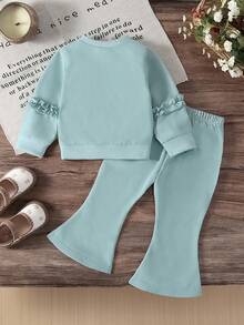 2pcs/Set Baby Girls Casual Floral Print Open Shoulder Long Sleeve Top & Flared Pants Set For Autumn/Winter - Green - View 2