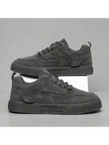 （尺码偏小一码）2025新款男士纯色灰色系带运动滑板鞋，简约圆头厚底增高运动鞋，尺码39-48 - 灰色 - 查看 3