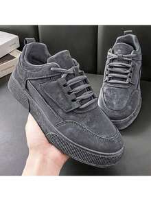 （尺码偏小一码）2025新款男士纯色灰色系带运动滑板鞋，简约圆头厚底增高运动鞋，尺码39-48 - 灰色 - 查看 8