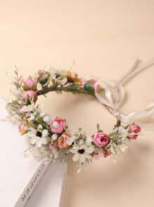 1 pieza Corona de flor de rosa de tela sintética, estilo europeo y estadounidense, para niña, diadema floral fresca y romántica, adecuada para niña de las flores, dama de honor, boda, actuación en el escenario, viaje, resort de playa, regalo