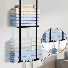 Towel Holder Without Drilling, Wall Towel Stand Matt Black With Hooks And Protective Grille For Bathroom & Kitchen, Towel Rack Organizer, Wall-Mounted Shelf For Storage And Organization, 3-Tier Towel Stand - màu đen - Xem 5